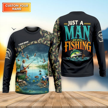 Maxcorners Just A Man Who Loves Fishing Camo Fishing Shirt, Fisherman Gift, SPF Shirt For Men
