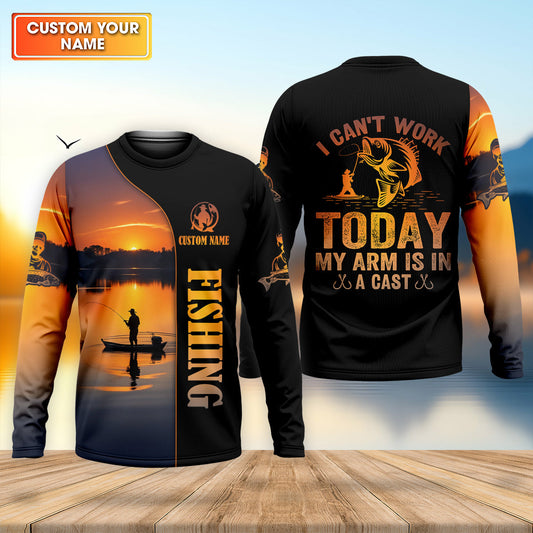 Maxcorners Can't Work Today My Arm Is In A Cast Fishing Shirt, Hooded Sun Shirt, Mens Fishing Shirt, Funny Fishing Shirt