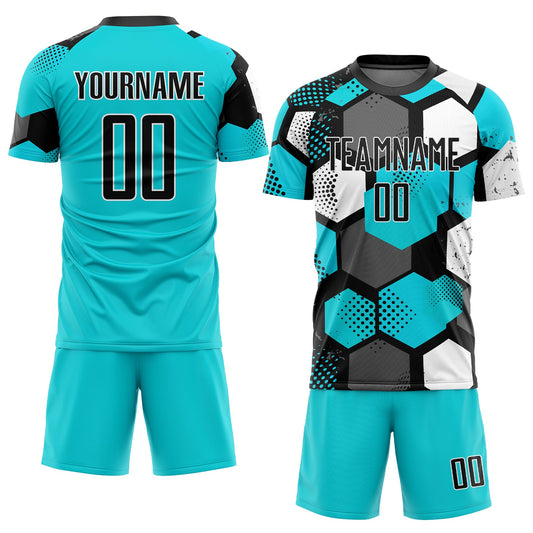 Maxcorners Custom Aqua Black-White Sublimation Soccer Uniform Jersey LM2605