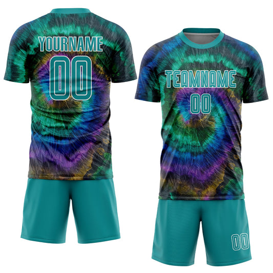 Maxcorners Custom Tie Dye Teal-White Elite Sublimation Soccer Uniform Jersey LM2605