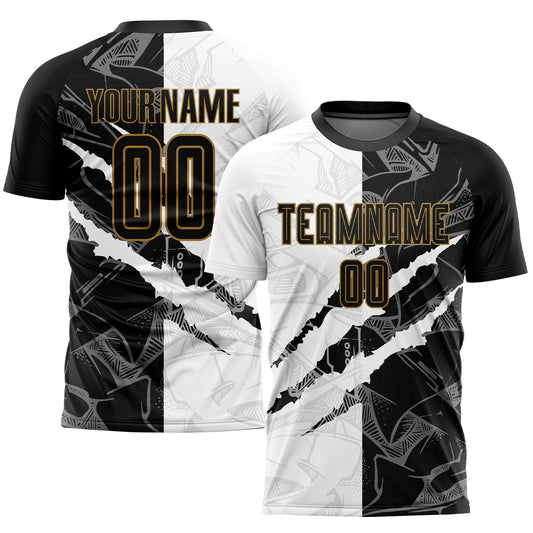 Maxcorners Custom Graffiti Pattern Black-Old Gold Scratch Sublimation Soccer Uniform Jersey LM2605