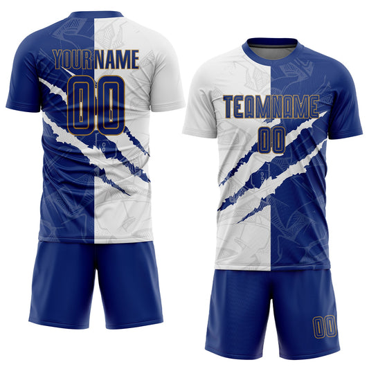 Maxcorners Custom Graffiti Pattern Royal White-Old Gold Scratch Sublimation Soccer Uniform Jersey LM2605