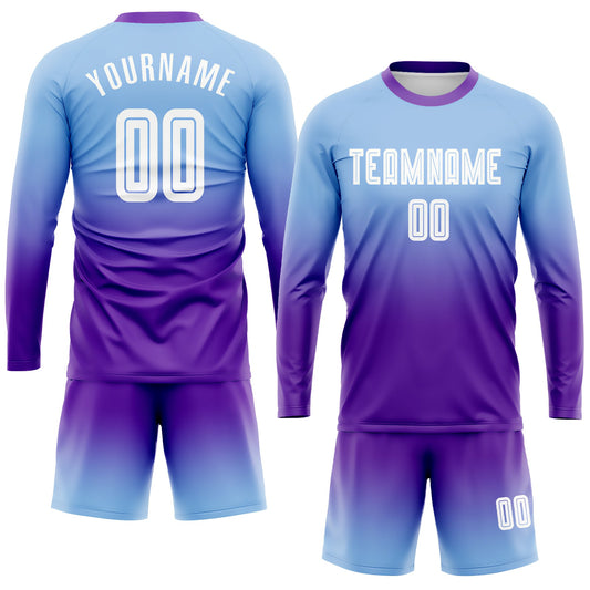 Maxcorners Custom Light Blue White-Purple Sublimation Long Sleeve Fade Fashion Soccer Uniform Jersey LM2605