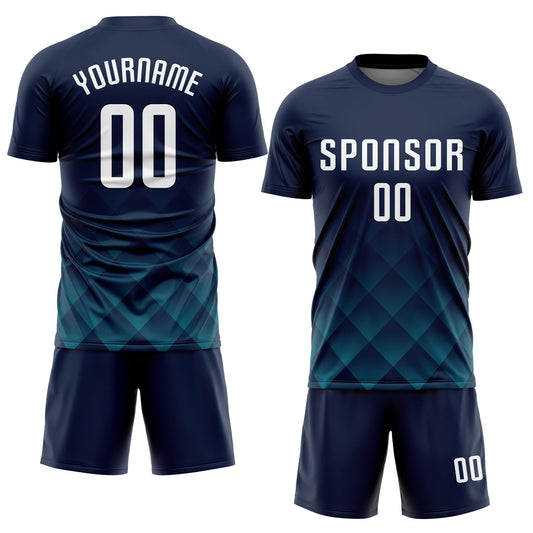 Maxcorners Custom Navy White-Teal Sublimation Soccer Uniform Jersey LM2605