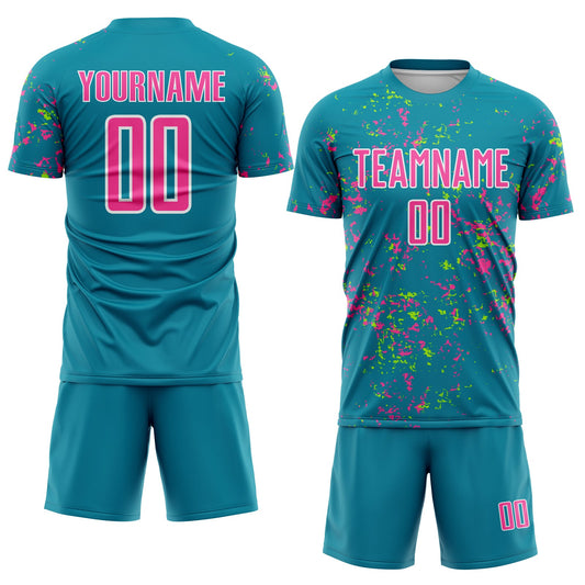 Maxcorners Custom Teal Pink-Neon Green Abstract Fragment Art Sublimation Soccer Uniform Jersey LM2605