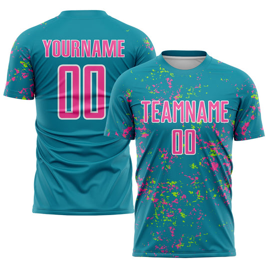 Maxcorners Custom Teal Pink-Neon Green Abstract Fragment Art Sublimation Soccer Uniform Jersey LM2605