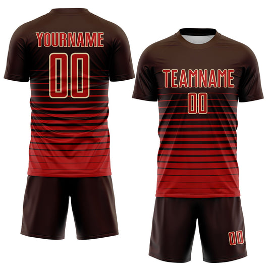 Maxcorners Custom Brown Red-Cream Gradient Pinstripe Sublimation Soccer Uniform Jersey LM2605