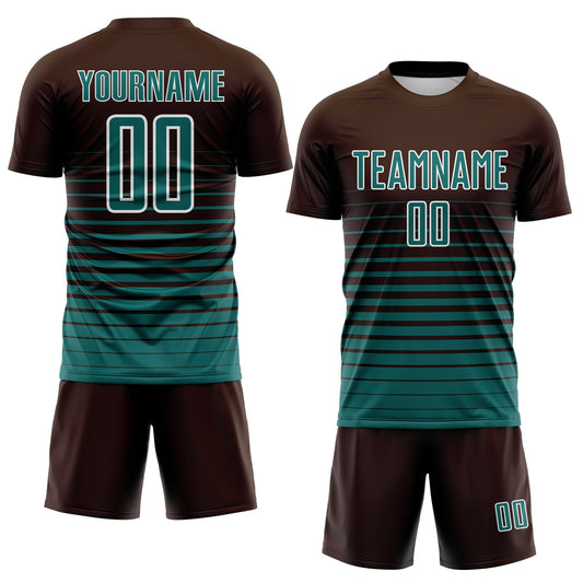 Maxcorners Custom Brown Teal-White Gradient Pinstripe Sublimation Soccer Uniform Jersey LM2605