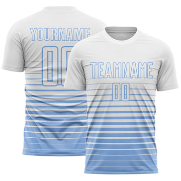 Maxcorners Custom White Light Blue Gradient Pinstripe Sublimation Soccer Uniform Jersey LM2605