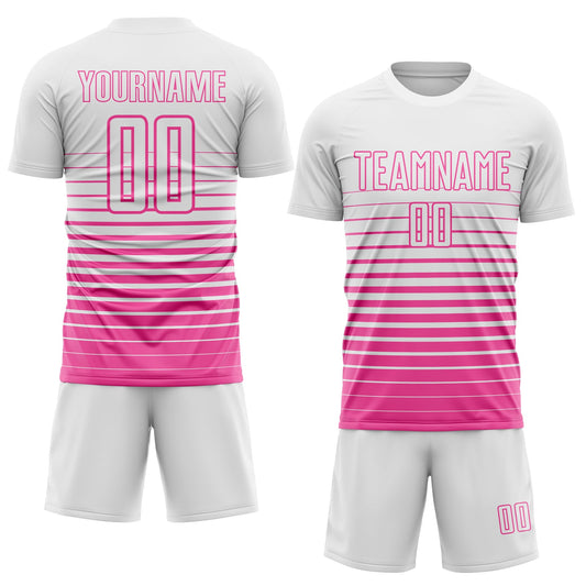 Maxcorners Custom White Pink Gradient Pinstripe Sublimation Soccer Uniform Jersey LM2605
