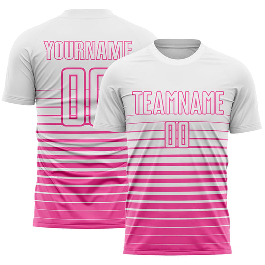 Maxcorners Custom White Pink Gradient Pinstripe Sublimation Soccer Uniform Jersey LM2605