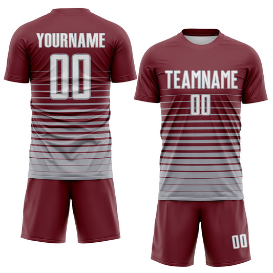 Maxcorners Custom Burgundy White-Gray Gradient Pinstripe Sublimation Soccer Uniform Jersey LM2605
