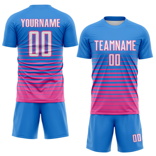 Maxcorners Custom Powder Blue White-Pink Gradient Pinstripe Sublimation Soccer Uniform Jersey LM2605