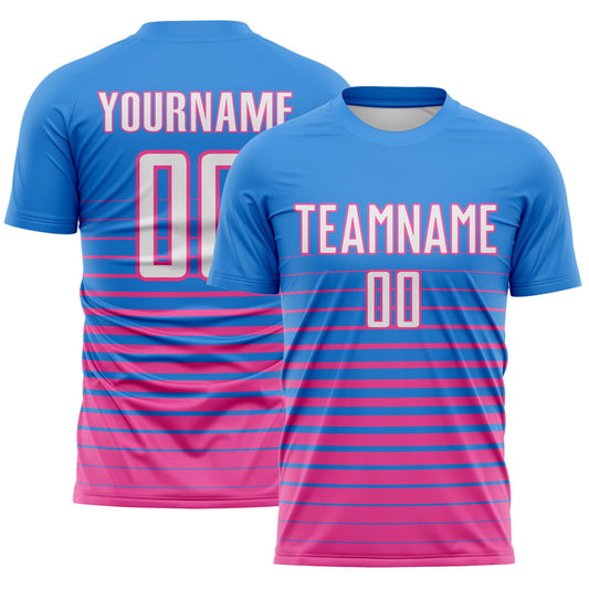 Maxcorners Custom Powder Blue White-Pink Gradient Pinstripe Sublimation Soccer Uniform Jersey LM2605