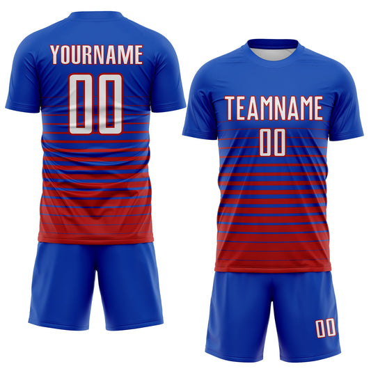 Maxcorners Custom Thunder Blue White-Red Gradient Pinstripe Sublimation Soccer Uniform Jersey LM2605
