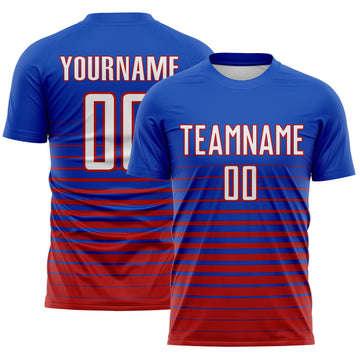 Maxcorners Custom Thunder Blue White-Red Gradient Pinstripe Sublimation Soccer Uniform Jersey LM2605