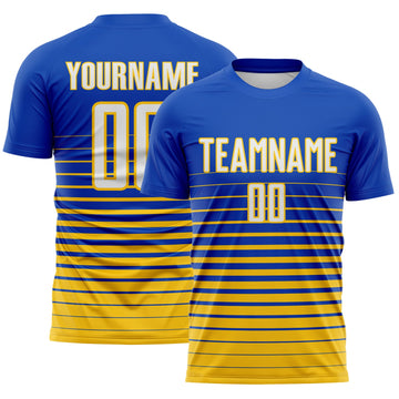 Maxcorners Custom Thunder Blue White-Yellow Gradient Pinstripe Sublimation Soccer Uniform Jersey LM2605