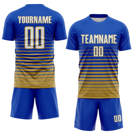 Maxcorners Custom Thunder Blue White-Old Gold Gradient Pinstripe Sublimation Soccer Uniform Jersey LM2605