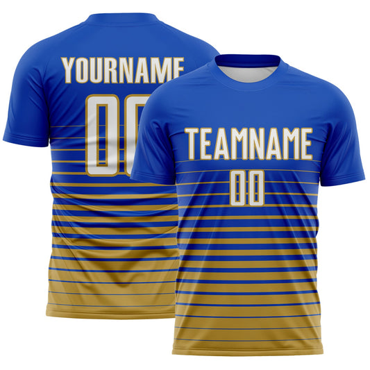 Maxcorners Custom Thunder Blue White-Old Gold Gradient Pinstripe Sublimation Soccer Uniform Jersey LM2605