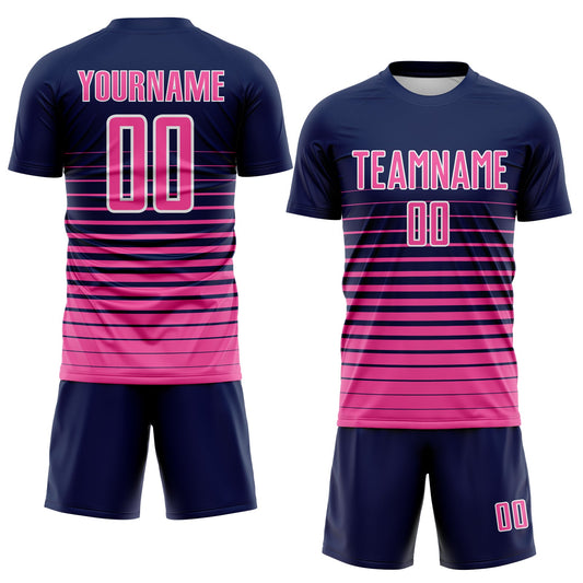 Maxcorners Custom Navy Pink-White Gradient Pinstripe Sublimation Soccer Uniform Jersey LM2605