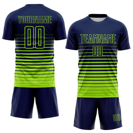 Maxcorners Custom Navy Neon Green Gradient Pinstripe Sublimation Soccer Uniform Jersey LM2605