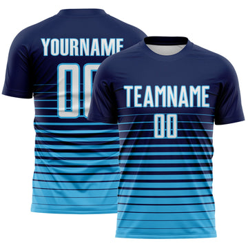 Maxcorners Custom Navy White-Sky Blue Gradient Pinstripe Sublimation Soccer Uniform Jersey LM2605