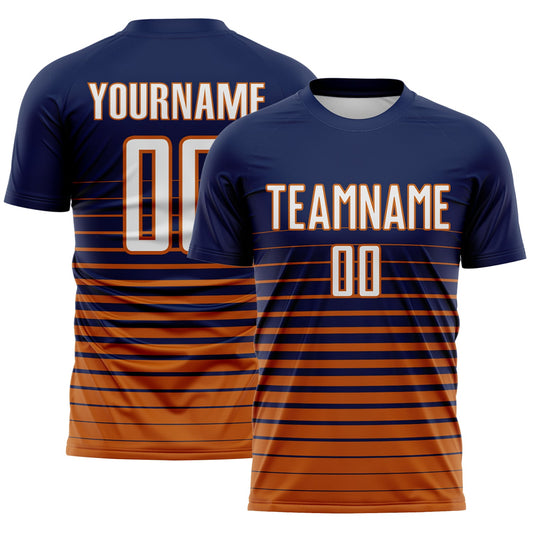 Maxcorners Custom Navy White-Bay Orange Gradient Pinstripe Sublimation Soccer Uniform Jersey LM2605