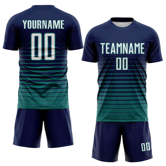 Maxcorners Custom Navy White-Teal Gradient Pinstripe Sublimation Soccer Uniform Jersey LM2605