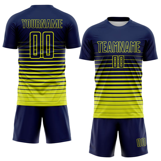 Maxcorners Custom Navy Neon Yellow Gradient Pinstripe Sublimation Soccer Uniform Jersey LM2605