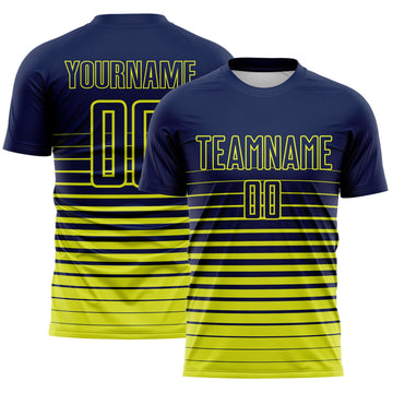 Maxcorners Custom Navy Neon Yellow Gradient Pinstripe Sublimation Soccer Uniform Jersey LM2605