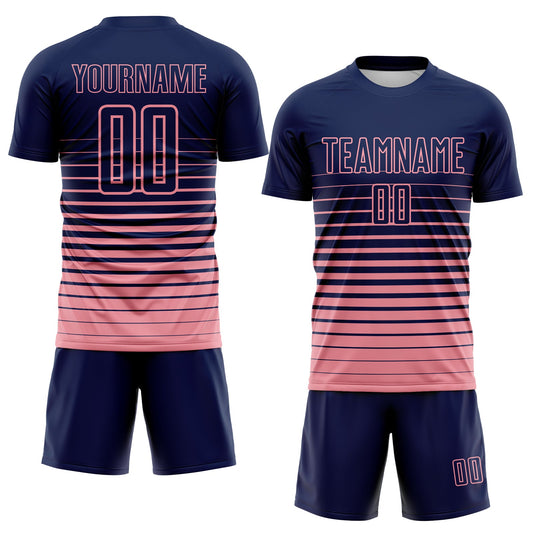 Maxcorners Custom Navy Medium Pink Gradient Pinstripe Sublimation Soccer Uniform Jersey LM2605