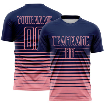 Maxcorners Custom Navy Medium Pink Gradient Pinstripe Sublimation Soccer Uniform Jersey LM2605