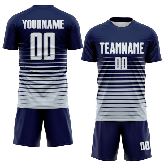 Maxcorners Custom Navy White-Silver Gradient Pinstripe Sublimation Soccer Uniform Jersey LM2605