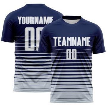 Maxcorners Custom Navy White-Silver Gradient Pinstripe Sublimation Soccer Uniform Jersey LM2605