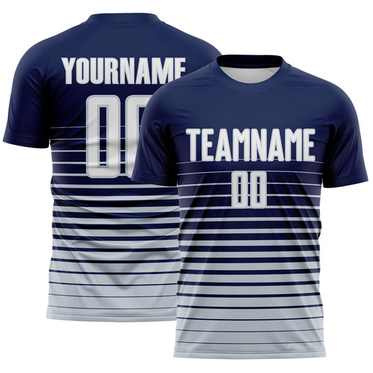 Maxcorners Custom Navy White-Silver Gradient Pinstripe Sublimation Soccer Uniform Jersey LM2605
