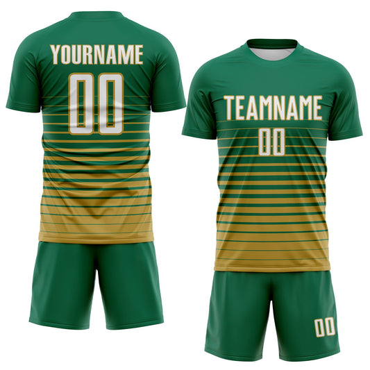 Maxcorners Custom Kelly Green White-Old Gold Gradient Pinstripe Sublimation Soccer Uniform Jersey LM2605