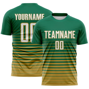 Maxcorners Custom Kelly Green White-Old Gold Gradient Pinstripe Sublimation Soccer Uniform Jersey LM2605