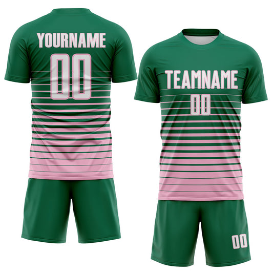 Maxcorners Custom Kelly Green White-Light Pink Gradient Pinstripe Sublimation Soccer Uniform Jersey LM2605