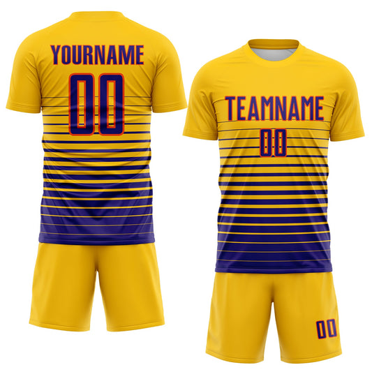 Maxcorners Custom Yellow Dark Purple-Orange Gradient Pinstripe Sublimation Soccer Uniform Jersey LM2605