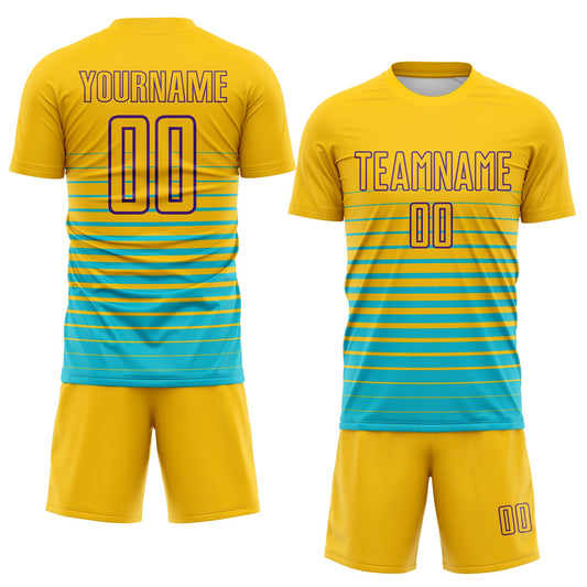 Maxcorners Custom Yellow Purple-Lakes Blue Gradient Pinstripe Sublimation Soccer Uniform Jersey LM2605