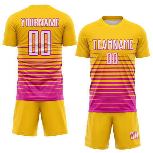 Maxcorners Custom Yellow White-Deep Pink Gradient Pinstripe Sublimation Soccer Uniform Jersey LM2605