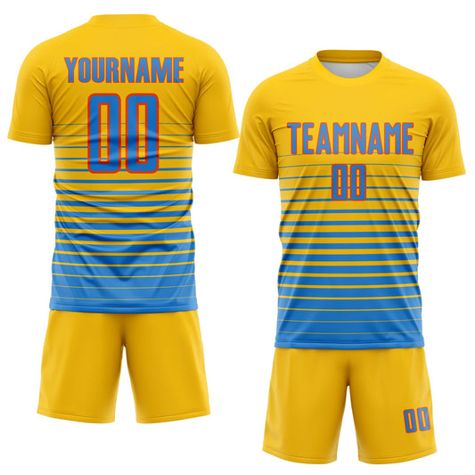 Maxcorners Custom Yellow Powder Blue-Orange Gradient Pinstripe Sublimation Soccer Uniform Jersey LM2605