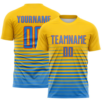 Maxcorners Custom Yellow Powder Blue-Orange Gradient Pinstripe Sublimation Soccer Uniform Jersey LM2605