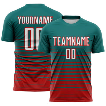 Maxcorners Custom Teal White-Red Gradient Pinstripe Sublimation Soccer Uniform Jersey LM2605