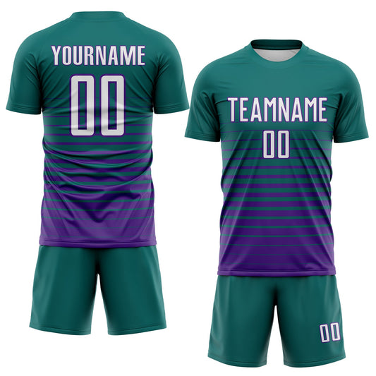 Maxcorners Custom Teal White-Purple Gradient Pinstripe Sublimation Soccer Uniform Jersey LM2605