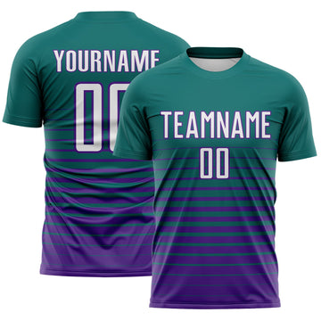 Maxcorners Custom Teal White-Purple Gradient Pinstripe Sublimation Soccer Uniform Jersey LM2605