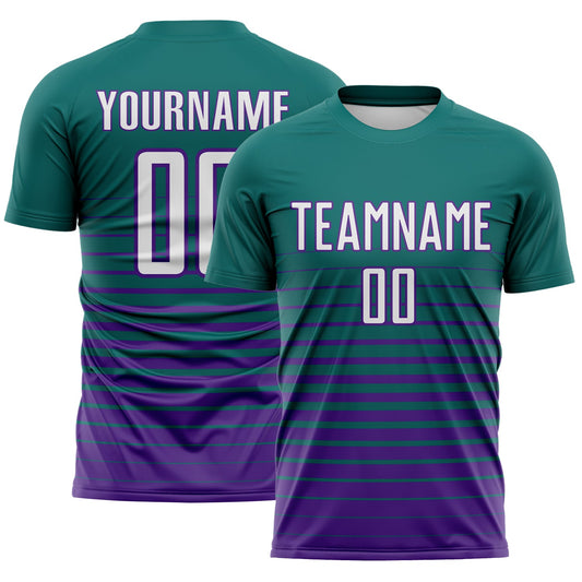 Maxcorners Custom Teal White-Purple Gradient Pinstripe Sublimation Soccer Uniform Jersey LM2605