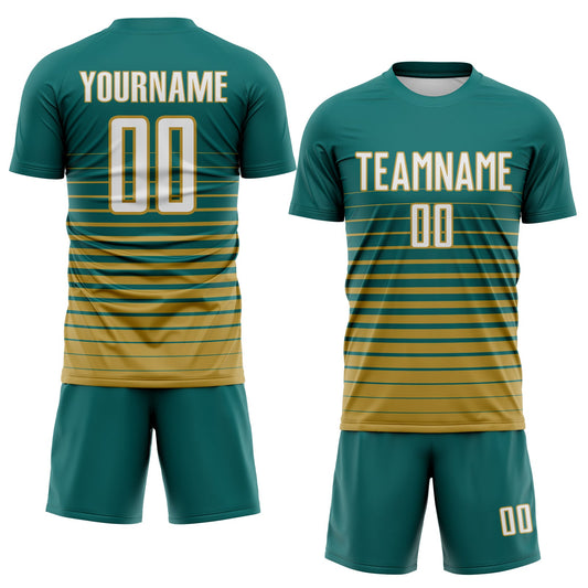 Maxcorners Custom Teal White-Old Gold Gradient Pinstripe Sublimation Soccer Uniform Jersey LM2605