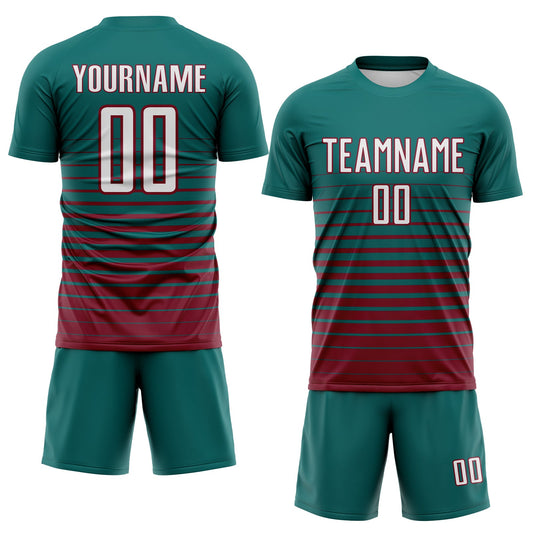 Maxcorners Custom Teal White-Crimson Gradient Pinstripe Sublimation Soccer Uniform Jersey LM2605