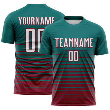 Maxcorners Custom Teal White-Crimson Gradient Pinstripe Sublimation Soccer Uniform Jersey LM2605